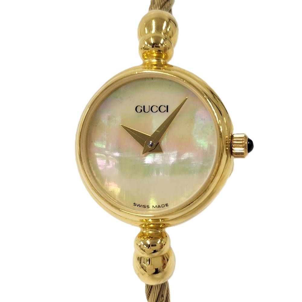 Gucci Bangle Watch SS Quartz Gold Plated White Shell Dial