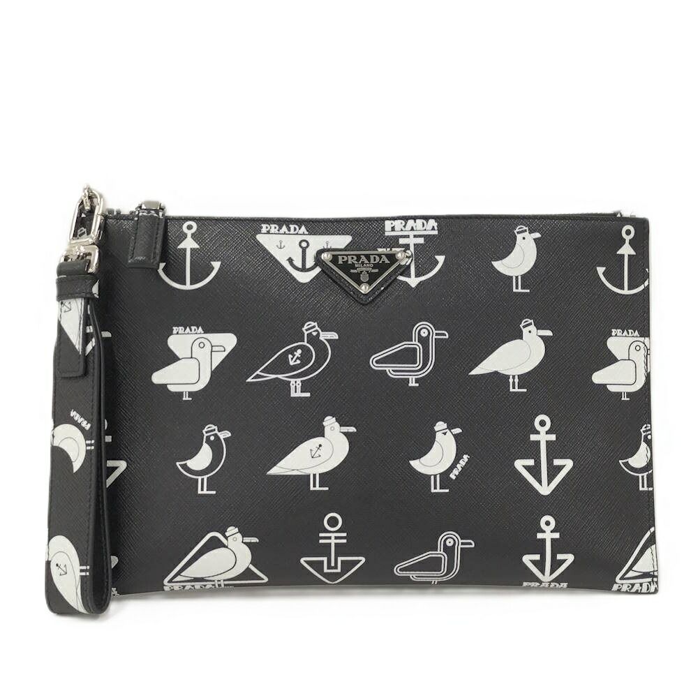 Prada Saffiano Clutch Seagull Black White Leather