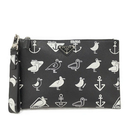 Prada Saffiano Clutch Seagull Black White Leather