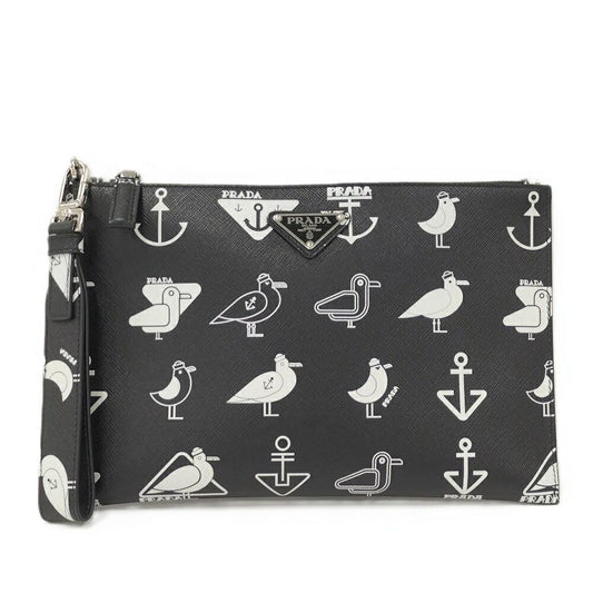 Prada Saffiano Clutch Seagull Black White Leather