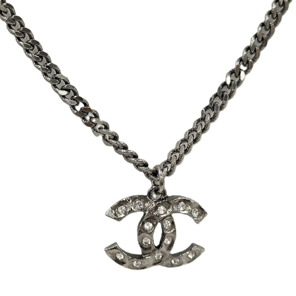 Chanel Necklace CC Logo Costume Pearl Line Stone Silver Metal Plated