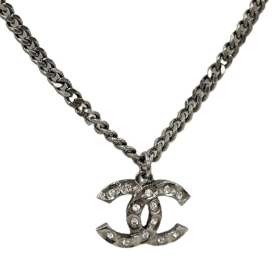 Chanel Necklace CC Logo Costume Pearl Line Stone Silver Metal Plated