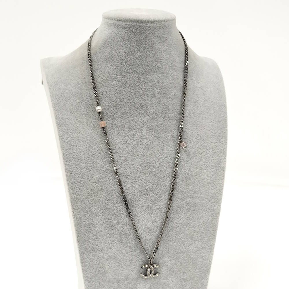 Chanel Necklace CC Logo Costume Pearl Line Stone Silver Metal Plated — view 3