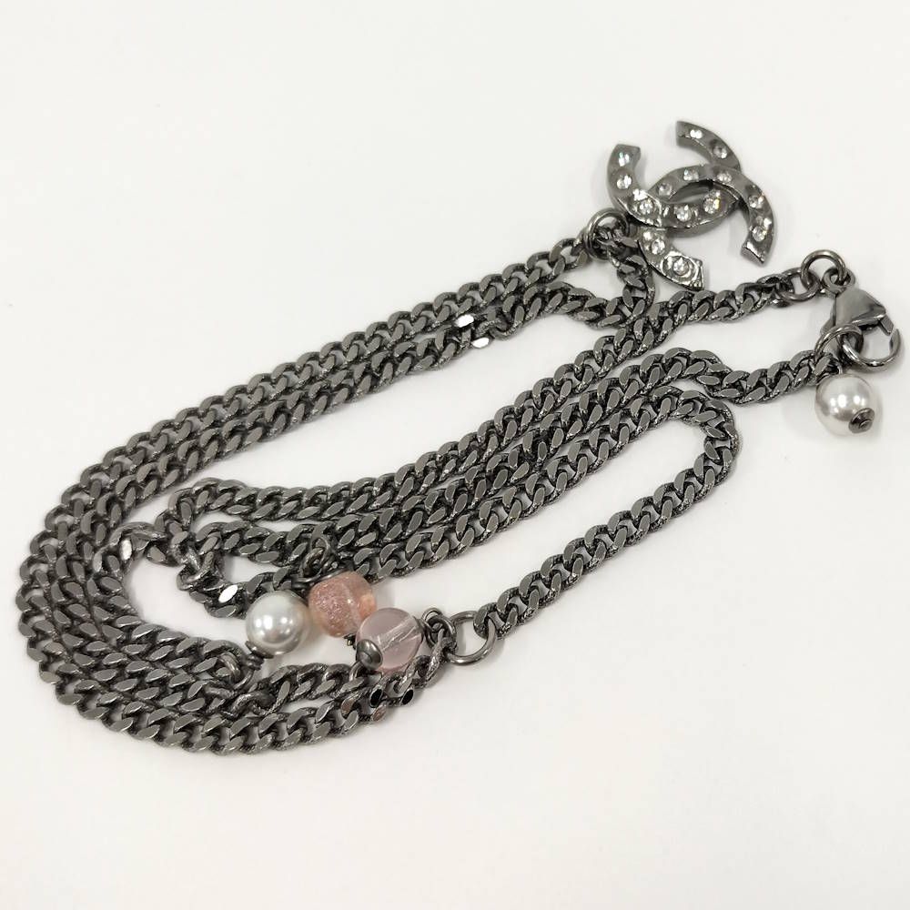 Chanel Necklace CC Logo Costume Pearl Line Stone Silver Metal Plated — view 5