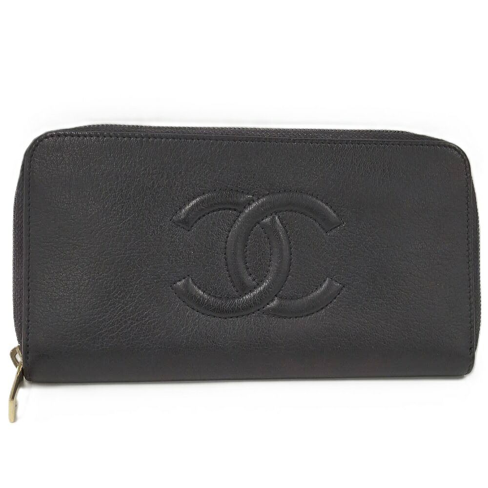 Chanel Zip Around Wallet CC Logo Leather Black
