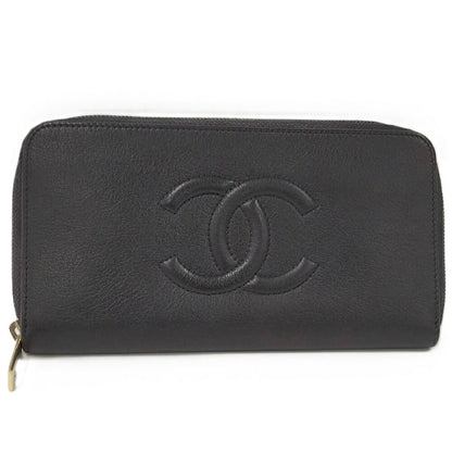 Chanel Zip Around Wallet CC Logo Leather Black