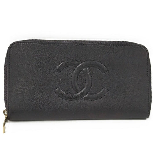 Chanel Zip Around Wallet CC Logo Leather Black