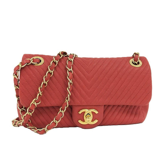 Chanel CC Logo Stitch Double Chain Shoulder Bag Leather Red