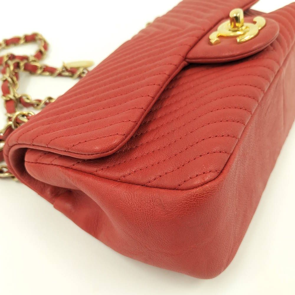 Chanel CC Logo Stitch Double Chain Shoulder Bag Leather Red — view 3