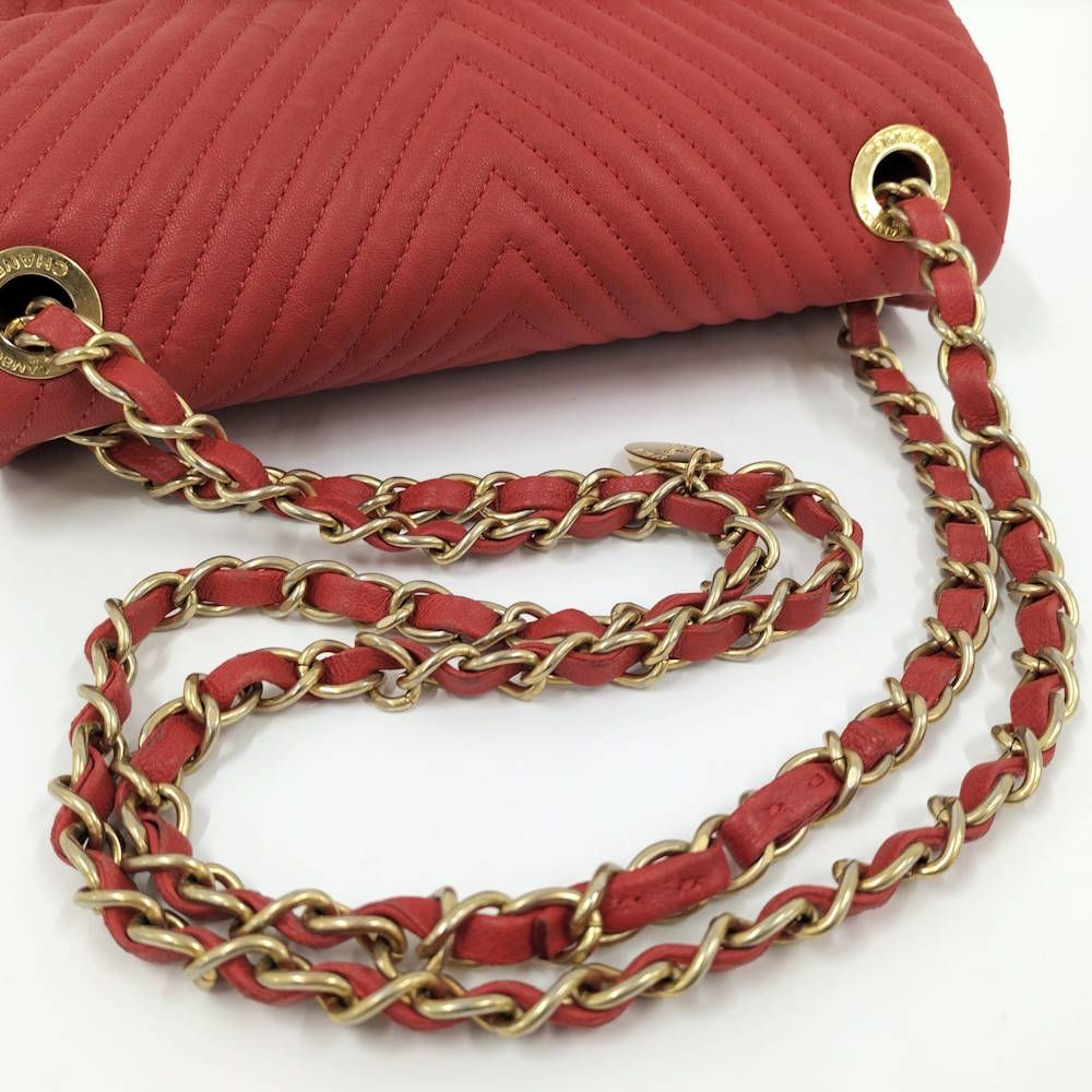Chanel CC Logo Stitch Double Chain Shoulder Bag Leather Red — view 6