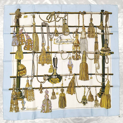 Hermes Carre 90 Pasementerie Silk White Light Blue Multicolor Scarf
