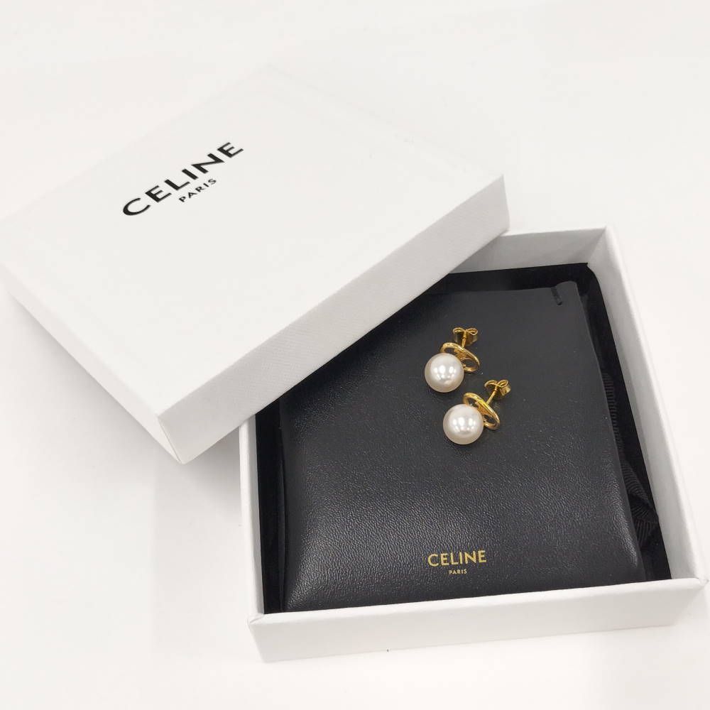 Celine Earrings Triomphe Faux Pearl Gold Plated — view 7