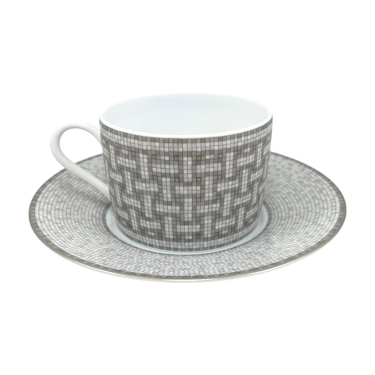 Hermes Tea Cup & Saucer Mosaic 24 Platinum Porcelain Gray White — view 2