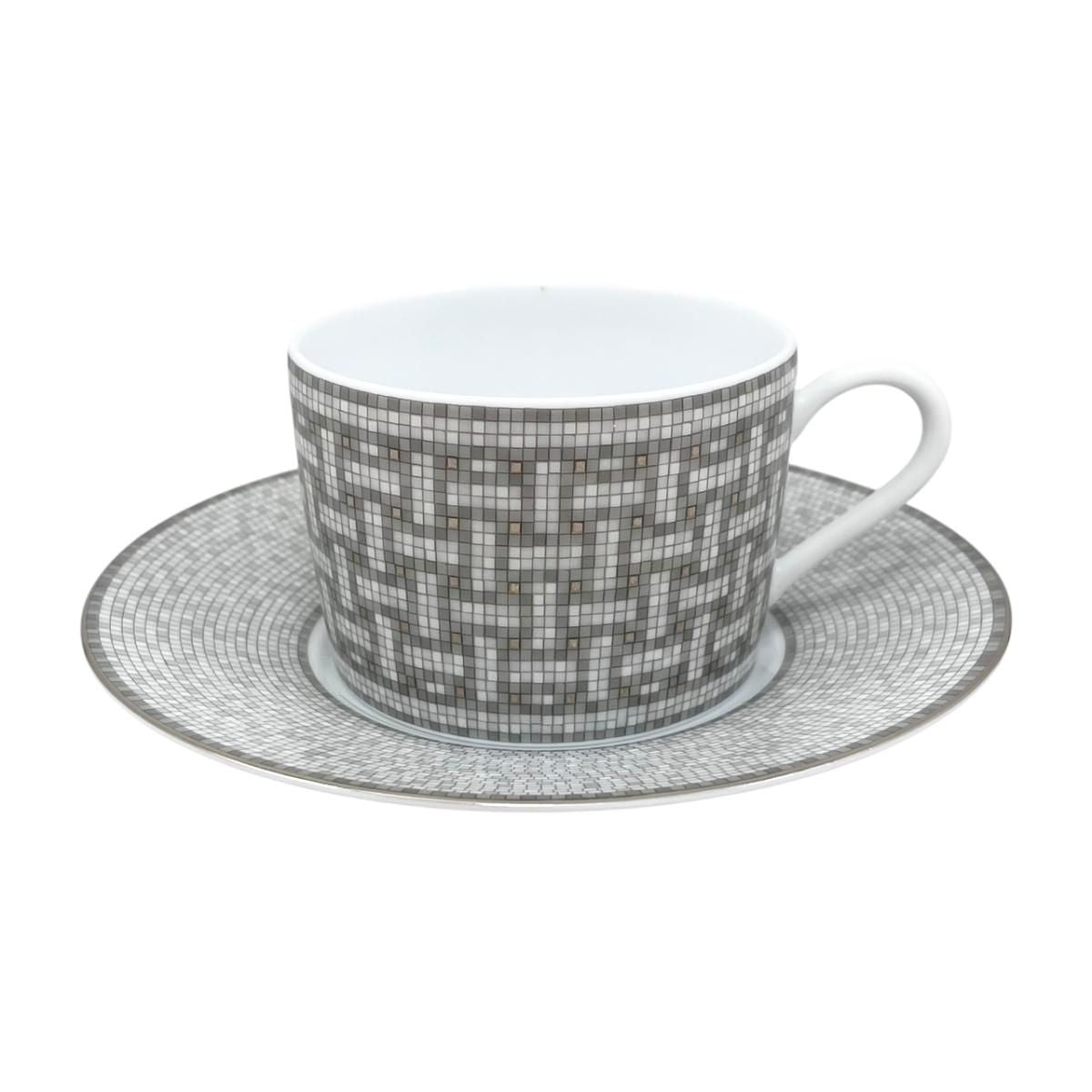 Hermes Tea Cup & Saucer Mosaic 24 Platinum Porcelain Gray White