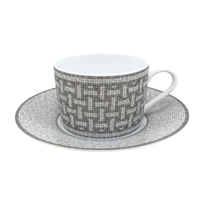 Hermes Tea Cup & Saucer Mosaic 24 Platinum Porcelain Gray White