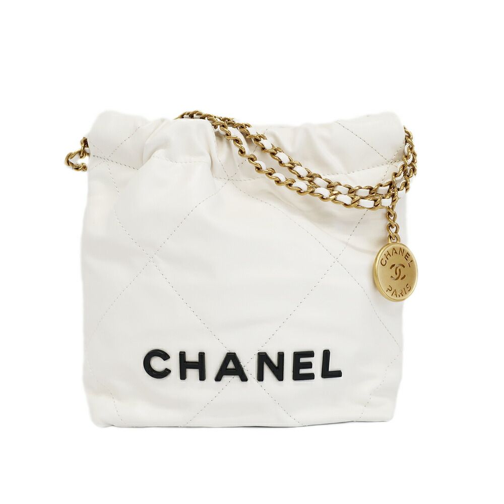 Chanel Ten 22 Mini 2-Way Shoulder Bag White Gold Shiny Calf Quilted
