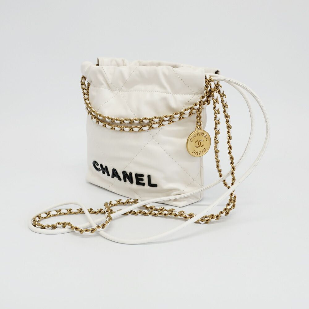 Chanel Ten 22 Mini 2-Way Shoulder Bag White Gold Shiny Calf Quilted — view 9