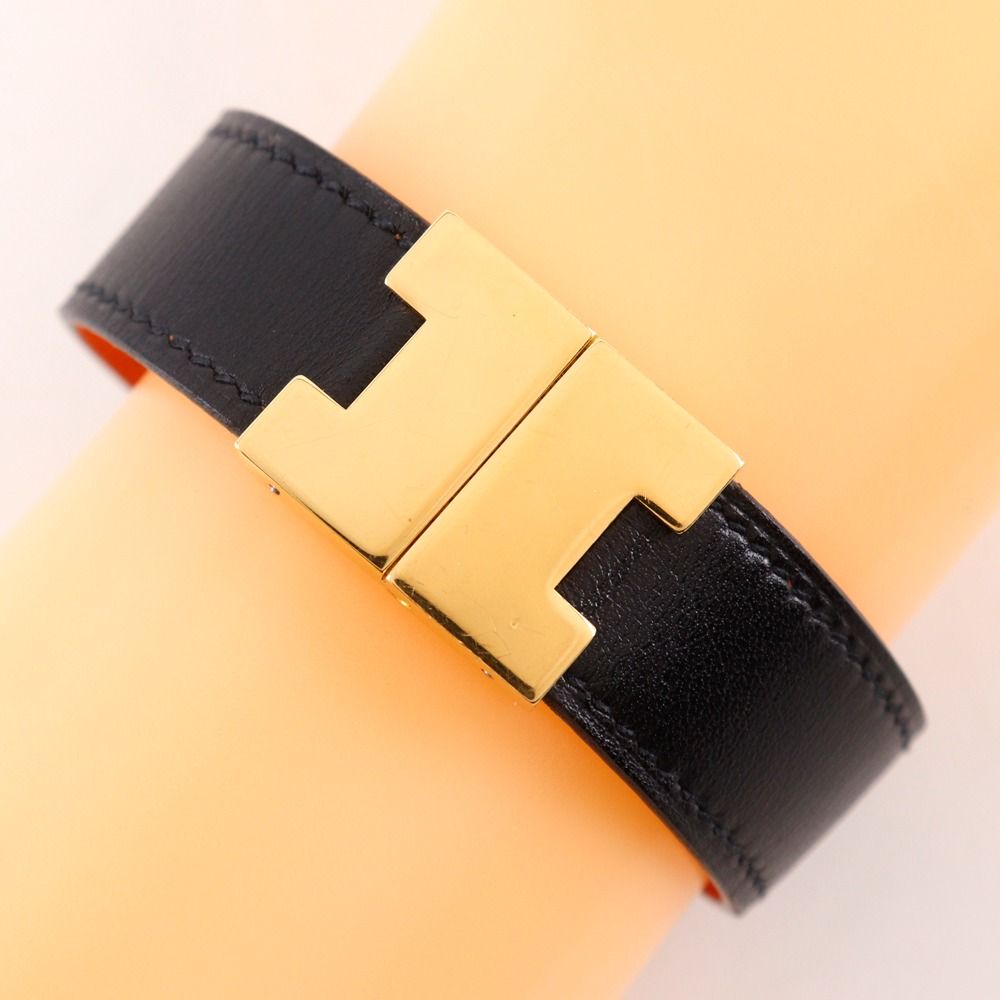Hermes Roulis Reversible Leather Gold Plated Black Orange Bracelet — view 3