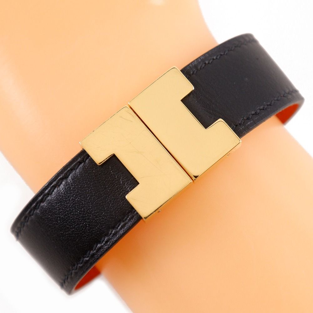 Hermes Roulis Reversible Leather Gold Plated Black Orange Bracelet