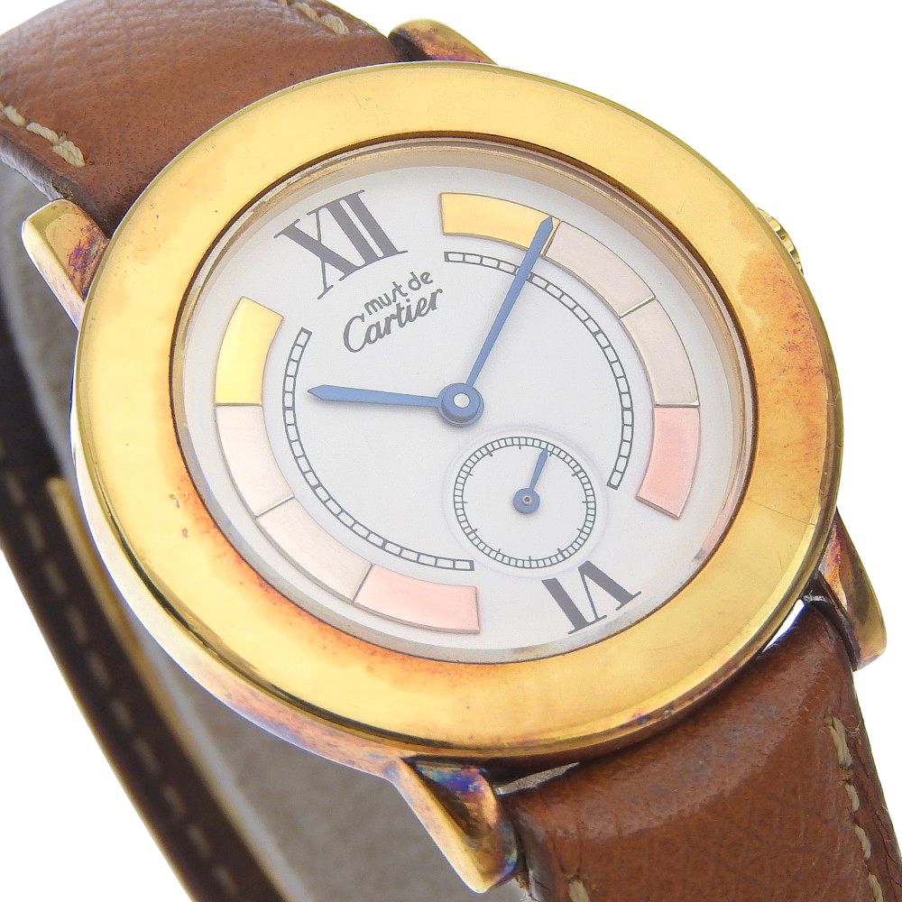Cartier Mastrond 925 Sterling Silver Leather Gold Quartz Analog Display White — view 3