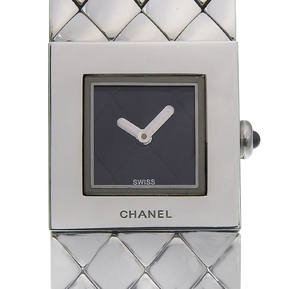 Chanel Quilted Stainless Steel Silver Quartz Analog Display Black Dial Watch
