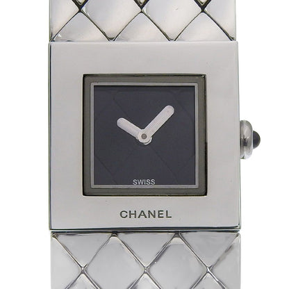 Chanel Quilted Stainless Steel Silver Quartz Analog Display Black Dial Watch