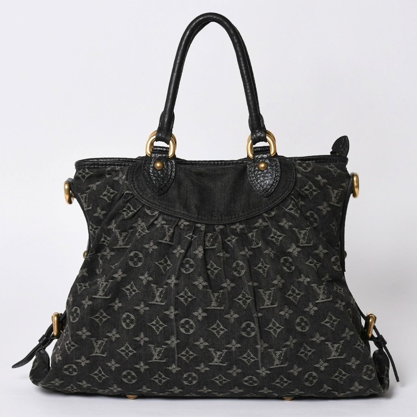 Louis Vuitton Handbag Monogram Denim Neo Cabby GM Black Leather Gold