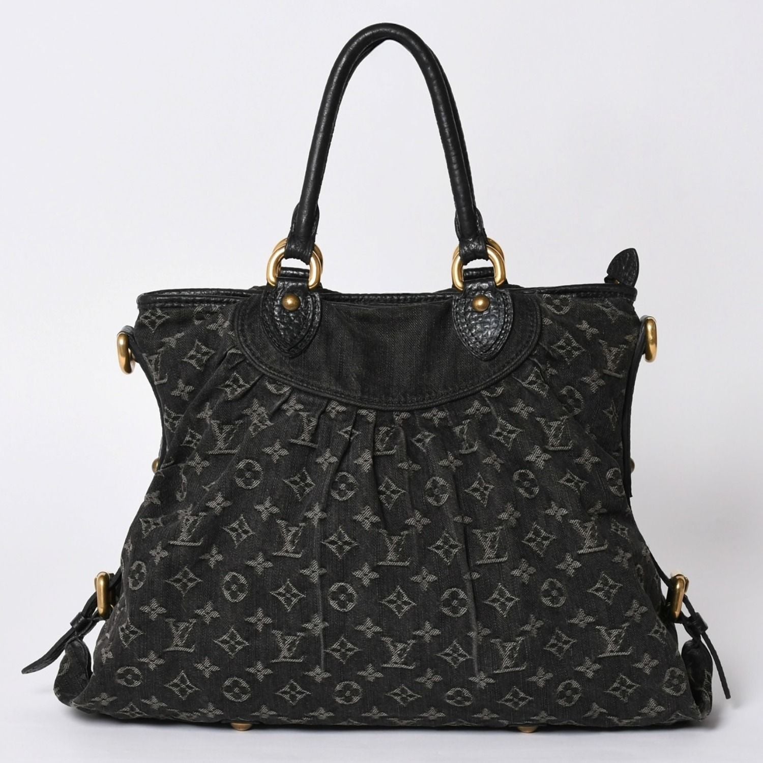 Louis Vuitton Handbag Monogram Denim Neo Cabby GM Black Leather Gold