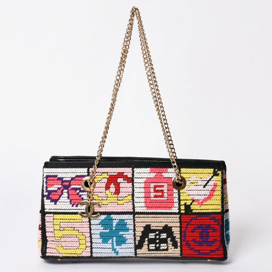 Chanel Icon Chain Bag CC Logo Wool Leather Multicolor Gold