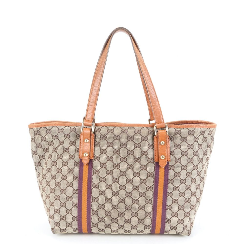 Gucci GG Canvas Sherry Line Leather Tote Shoulder Hand Brown Rem — view 3