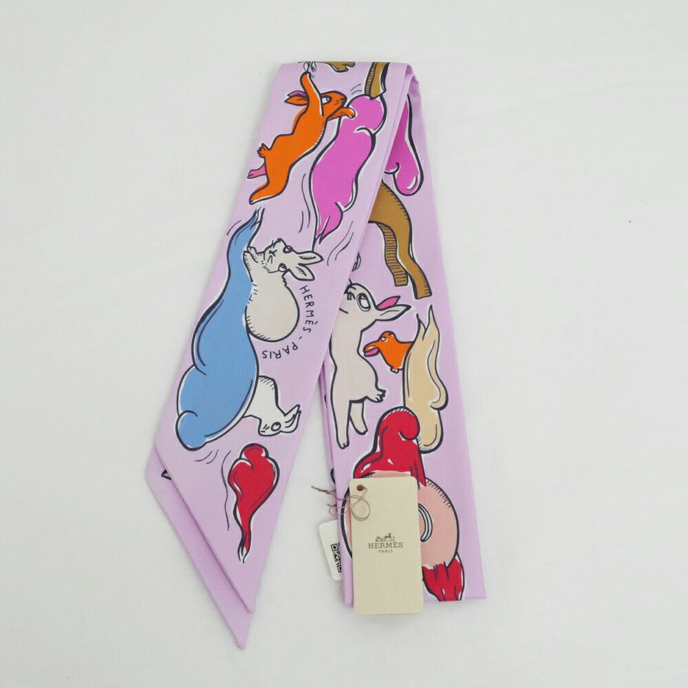 Hermes Twilly Set of 2 Scarf a Thousand and One Rabbit Palm Rose Vif Camel Silk — view 6