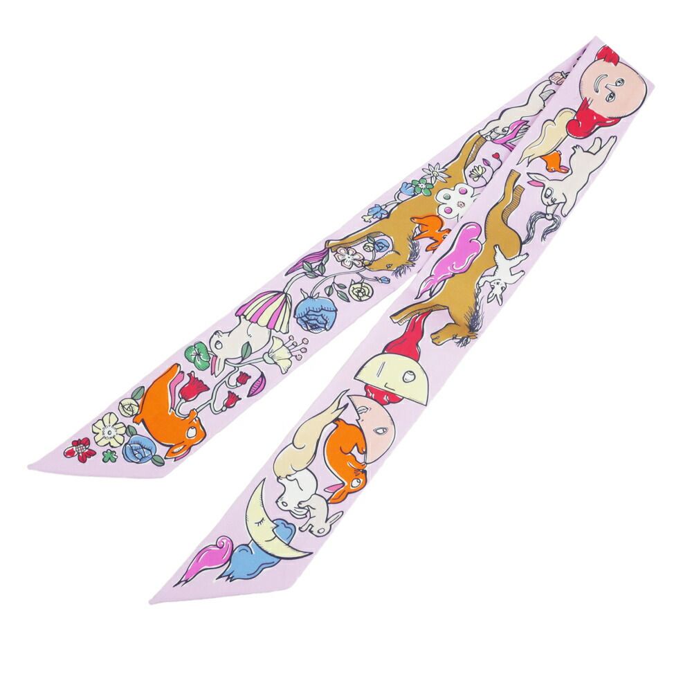 Hermes Twilly Set of 2 Scarf a Thousand and One Rabbit Palm Rose Vif Camel Silk — view 7