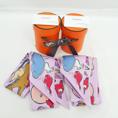 Hermes Twilly Set of 2 Scarf a Thousand and One Rabbit Palm Rose Vif Camel Silk — view 8
