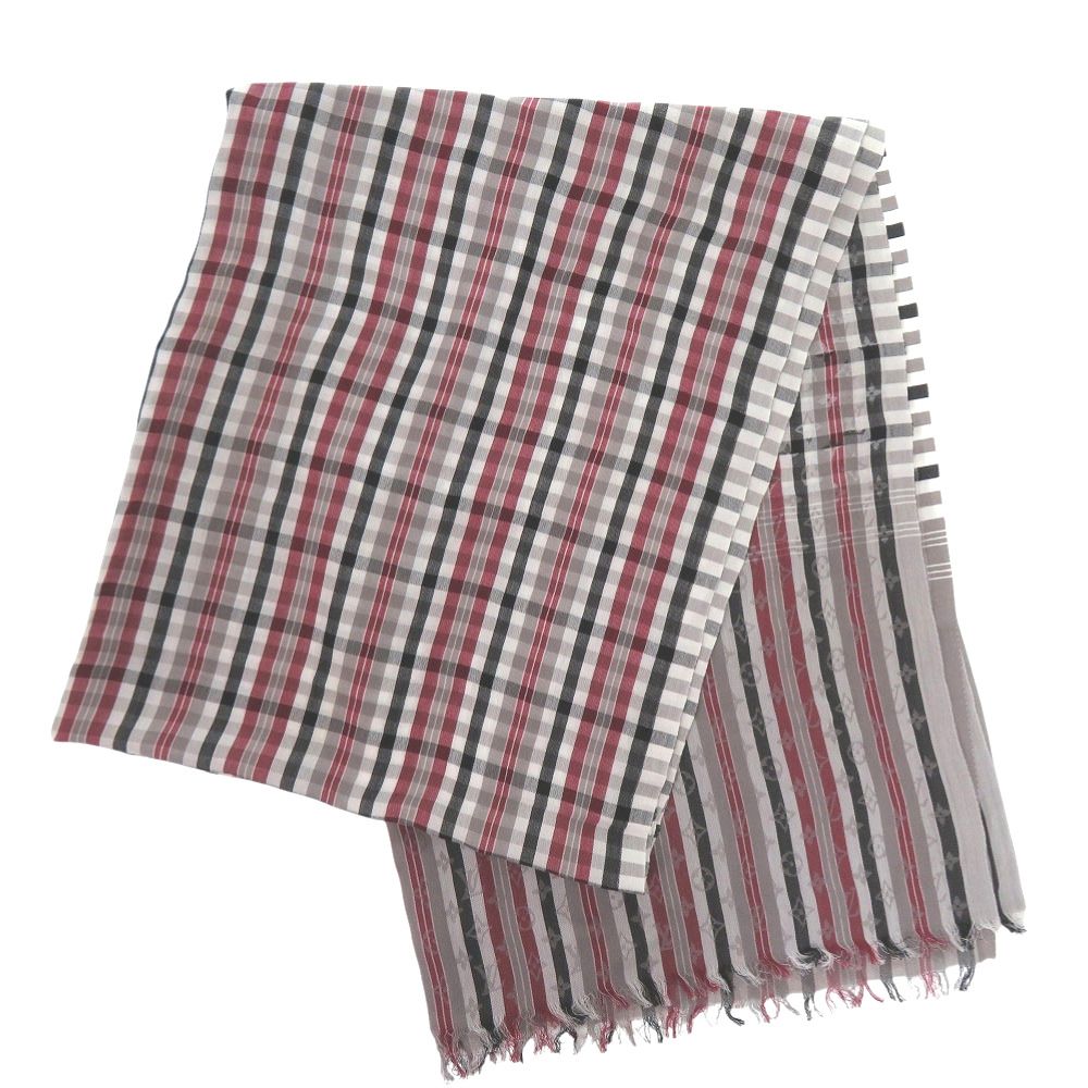 Louis Vuitton Etole Madras Check Monogram Shawl Cotton Gray Black Red Scarf — view 3