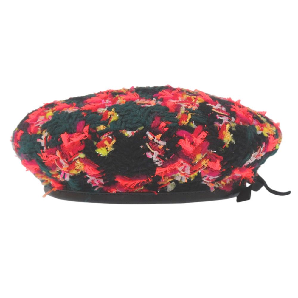 Gucci Tweed Plaid Ribbon GG Logo Beret M 57 Polyester Green Orange Black Hat — view 3