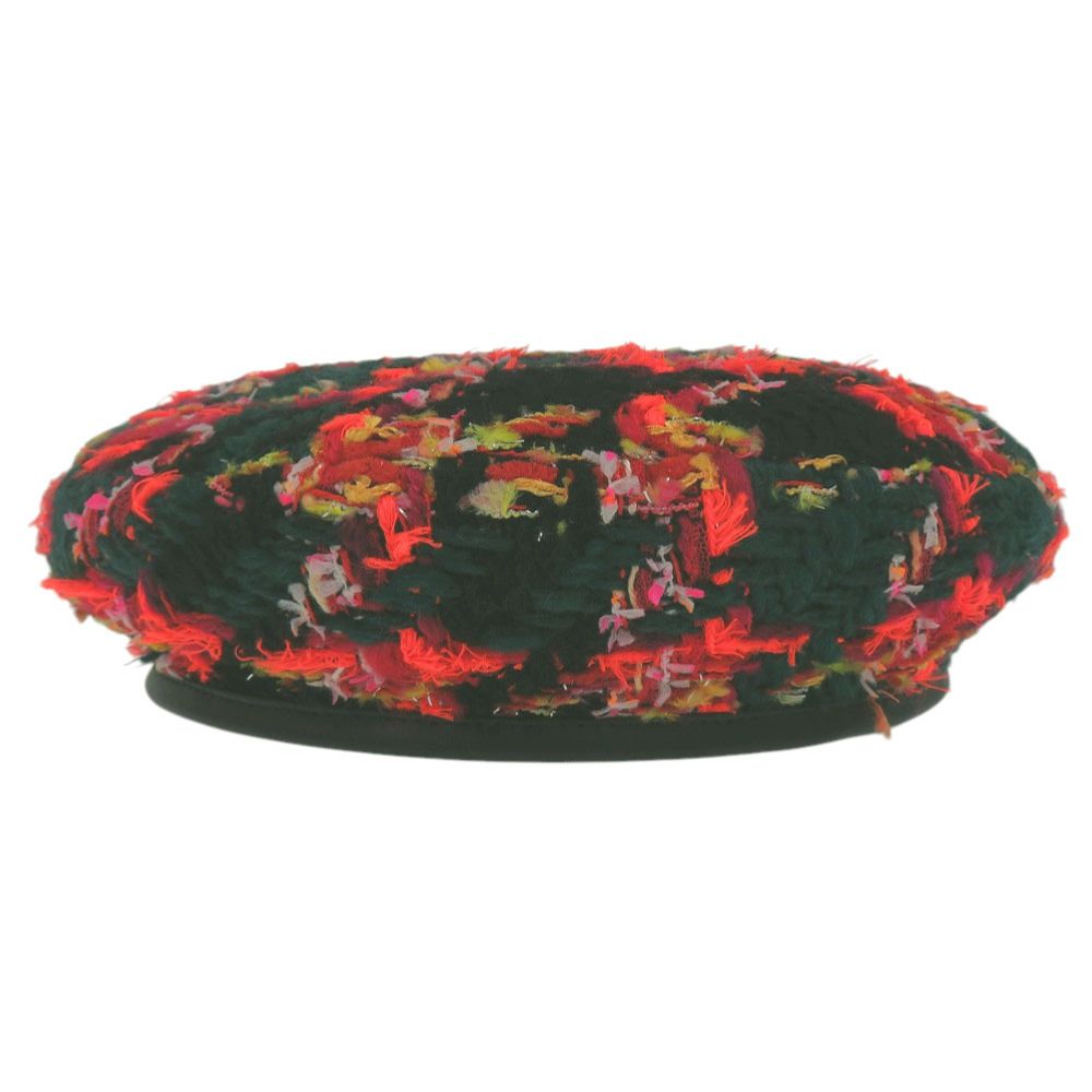 Gucci Tweed Plaid Ribbon GG Logo Beret M 57 Polyester Green Orange Black Hat — view 2