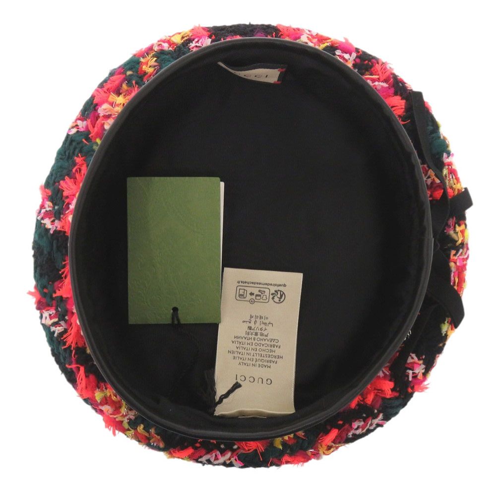 Gucci Tweed Plaid Ribbon GG Logo Beret M 57 Polyester Green Orange Black Hat — view 6