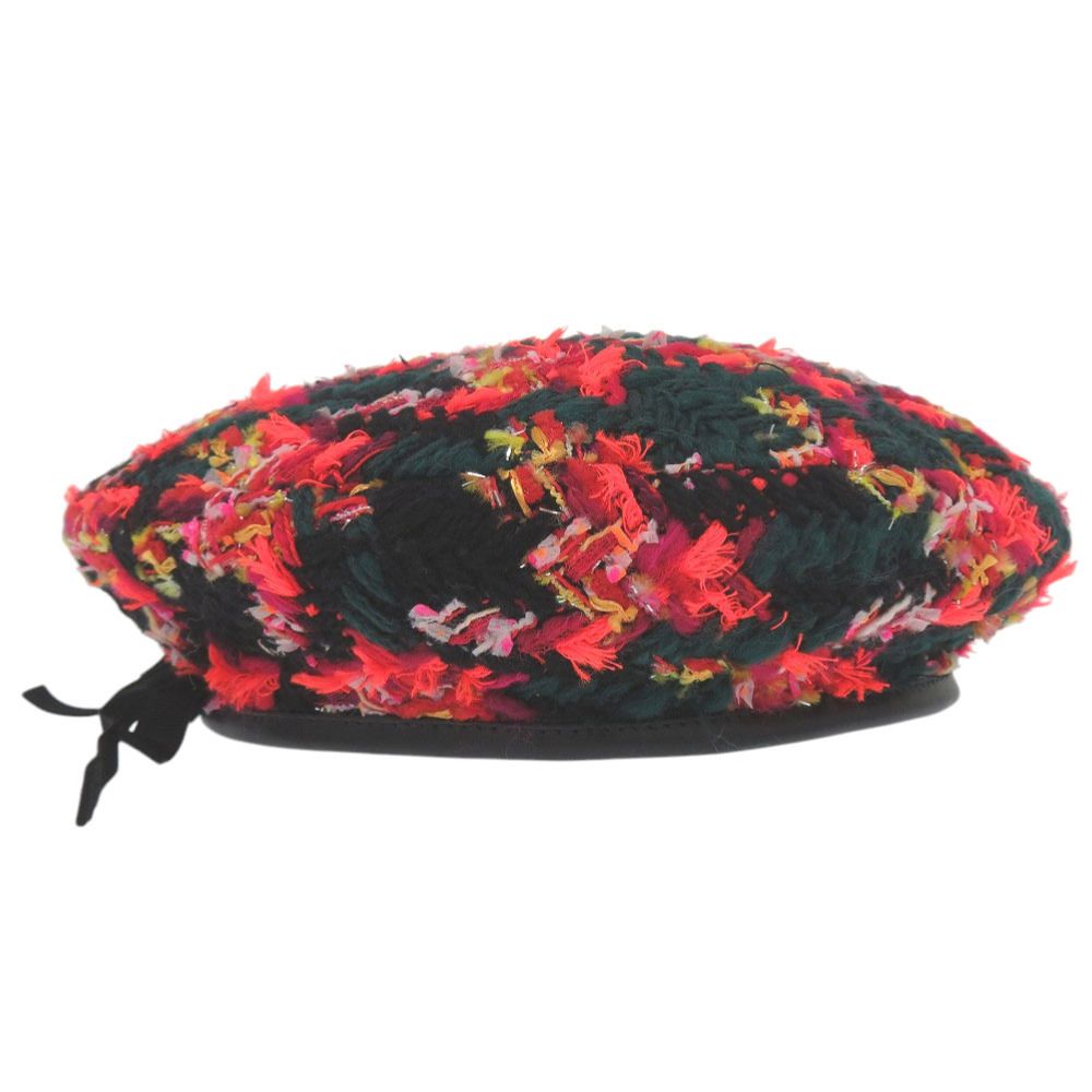Gucci Tweed Plaid Ribbon GG Logo Beret M 57 Polyester Green Orange Black Hat — view 5