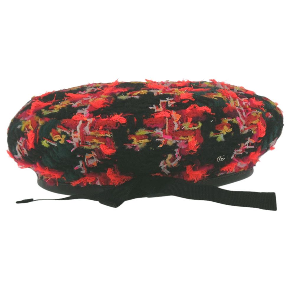 Gucci Tweed Plaid Ribbon GG Logo Beret M 57 Polyester Green Orange Black Hat — view 4