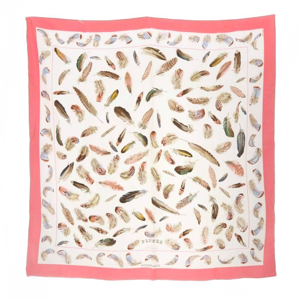 Hermes Plumes Feather Carre 90 Scarf All Over Pattern Pink White