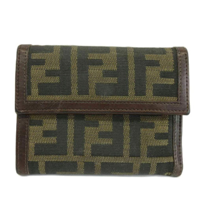 Fendi Wallet Bifold Canvas Leather Zucca Pattern Brown