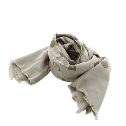Louis Vuitton Monogram Shawl Fringe Silk Gray Scarf