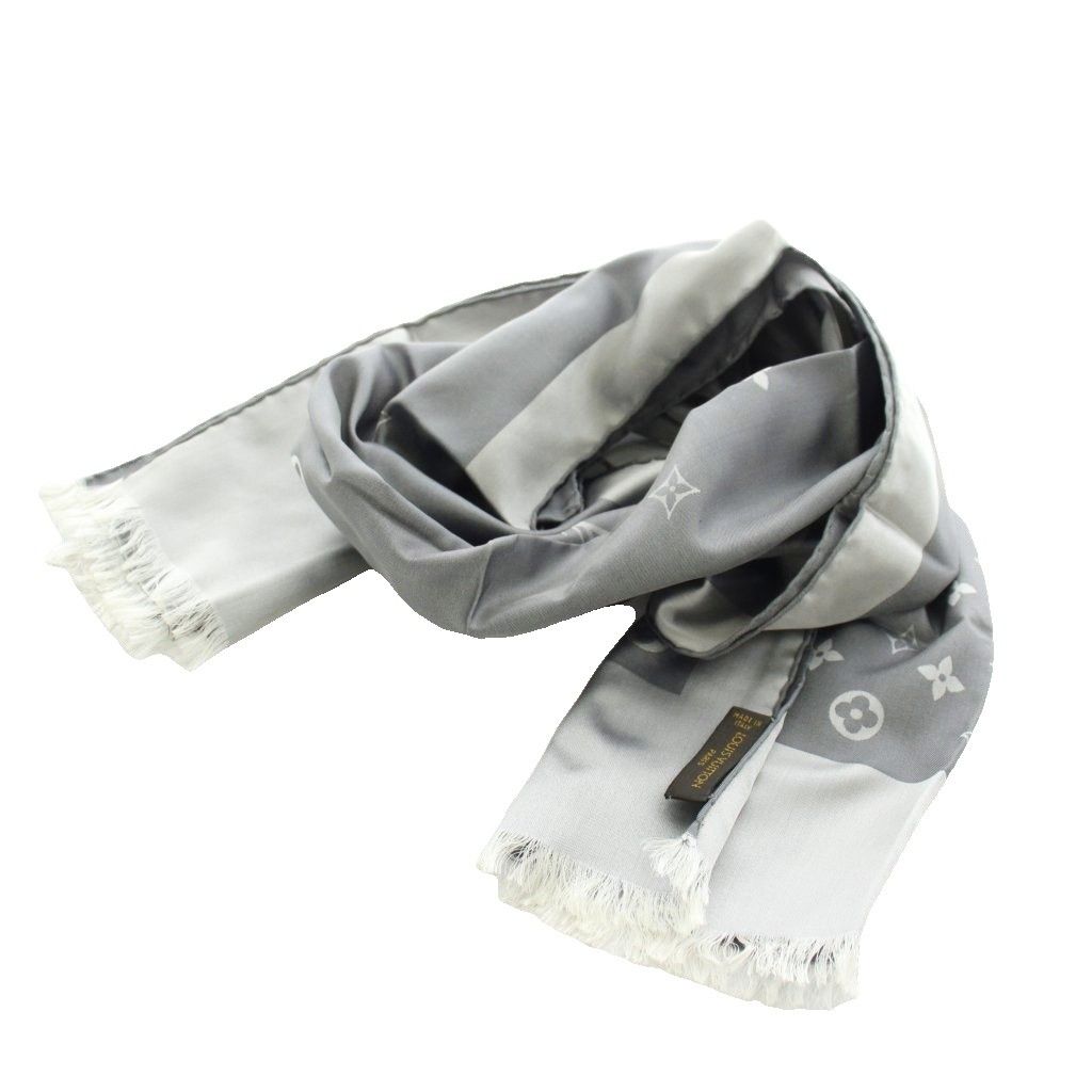 Louis Vuitton Echarpe Capri Scarf Shawl Large Silk Monogram Fringe Gray