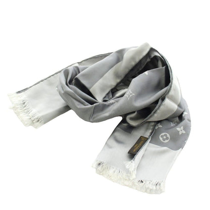 Louis Vuitton Echarpe Capri Scarf Shawl Large Silk Monogram Fringe Gray