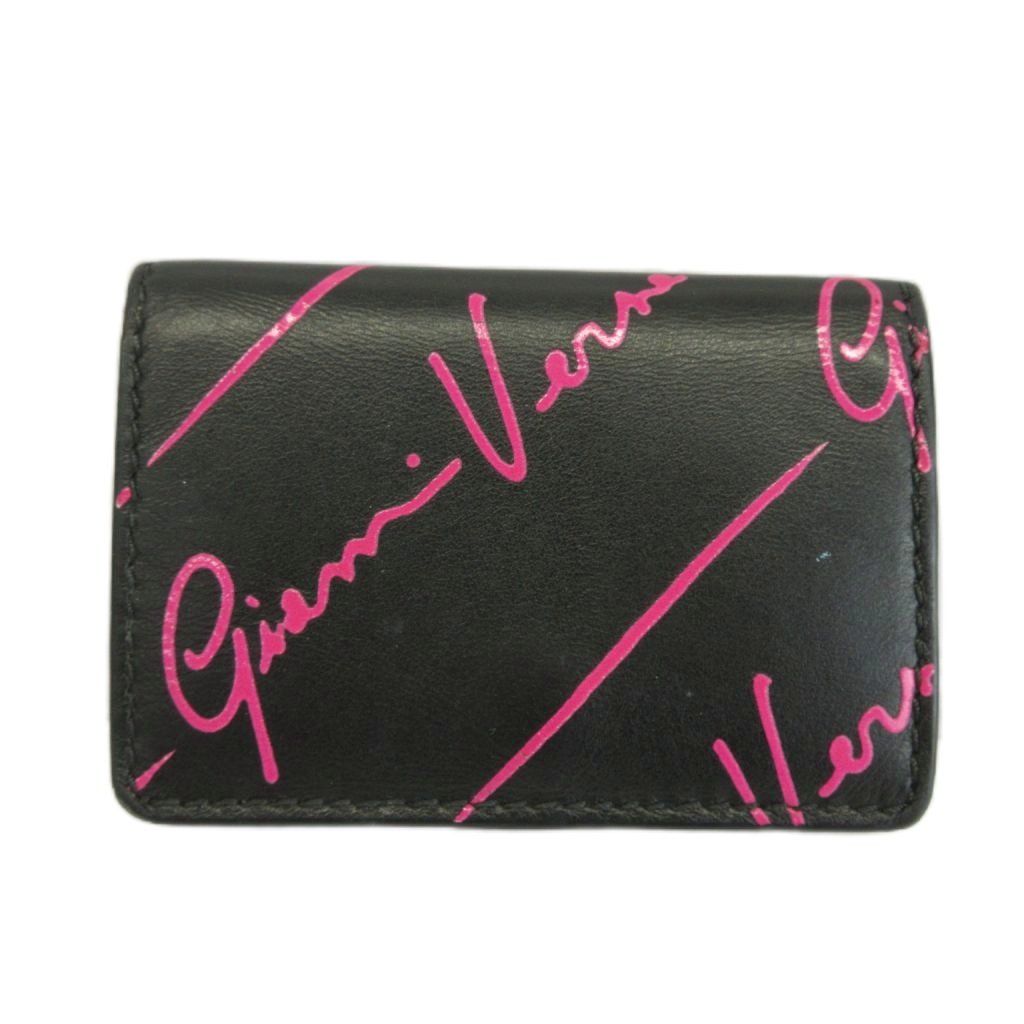 Versace Gianni Wallet Compact Trifold Leather Logo All Over Pattern Black Pink