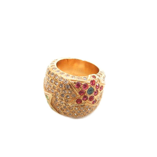 Versace Gianni Ring Pave Gold Color Line Stone Decoration Star Motif Multicolor