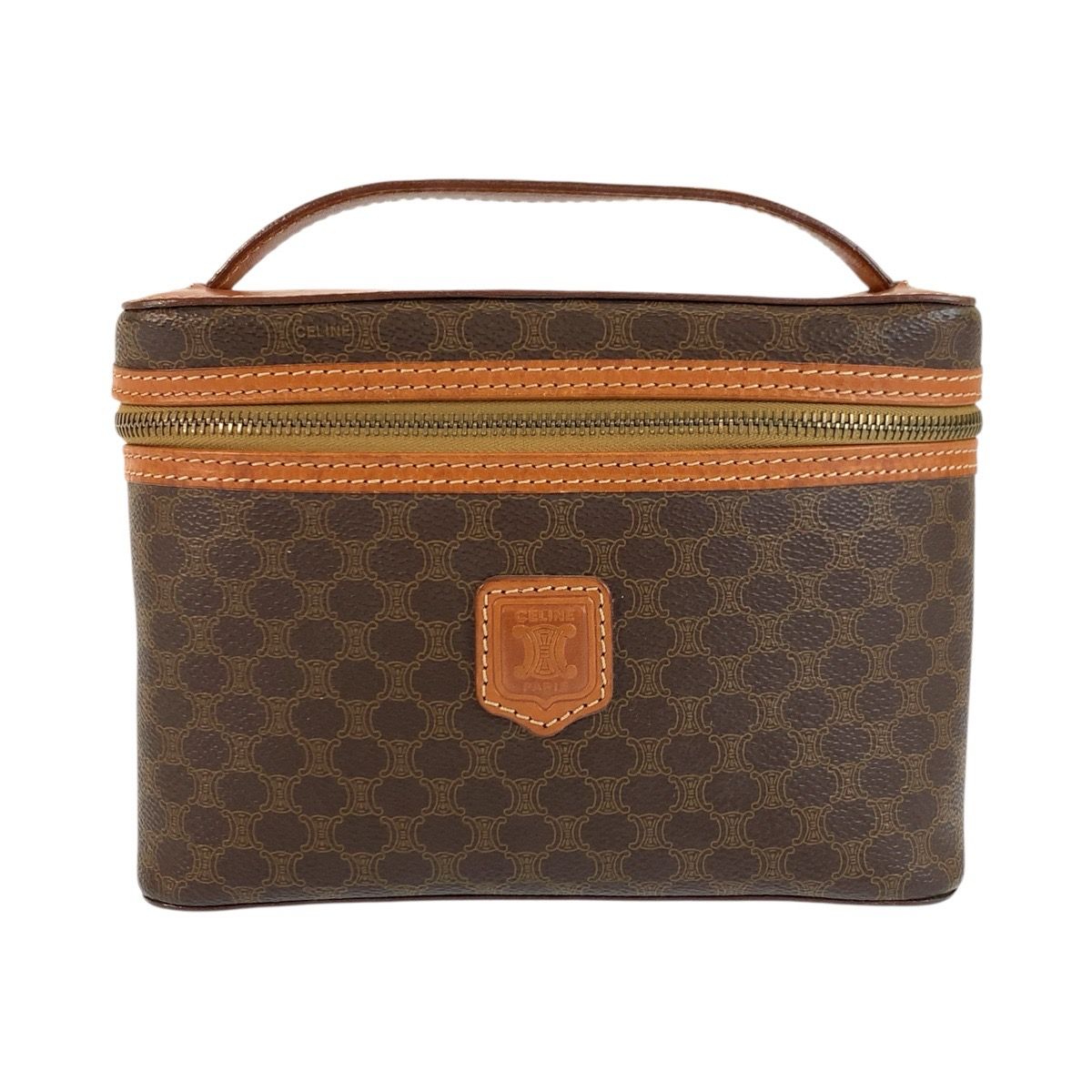 Celine Vintage Macadam Brown Gold Leather Handbag Vanity Bag
