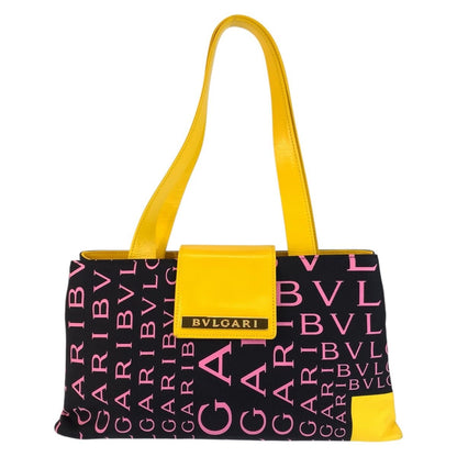 Bvlgari Logo Mania Black Yellow Pink Canvas Leather Shoulder Bag