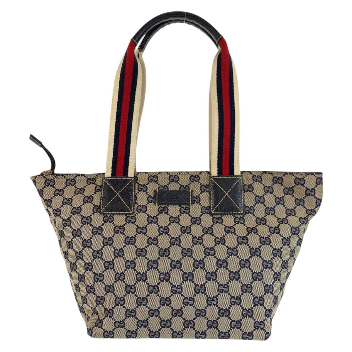 Gucci Sherry Line Gray Navy GG Canvas Leather Tote Shoulder Bag