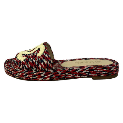 Chanel Sandals 38 C Red Dark Navy White CC Logo Wool